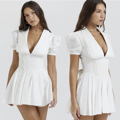SADAKO WHITE MINI DRESS with COLLAR and BOW