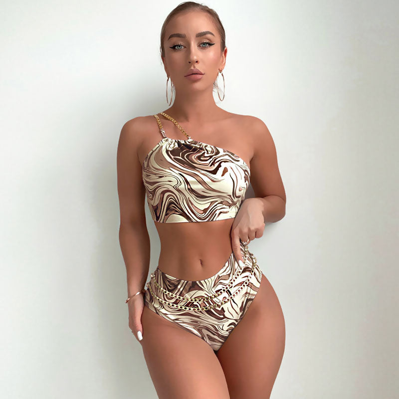 Abstract Metallic Chain Lace Up One Shoulder Brazilian Two Piece Bikini Swimsuit