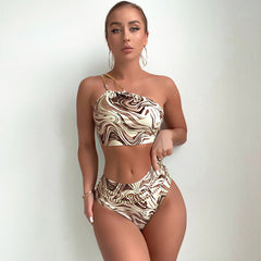 Brasilianischer zweiteiliger Bikini-Badeanzug mit abstrakter Metallic-Kette und Schnürung, One-Shoulder