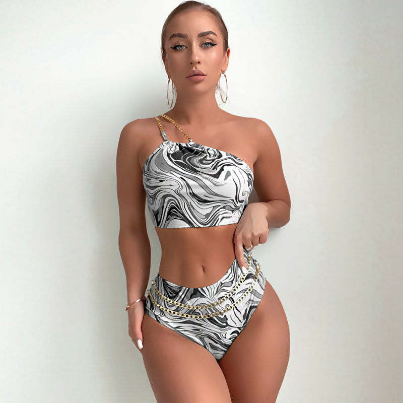 Brasilianischer zweiteiliger Bikini-Badeanzug mit abstrakter Metallic-Kette und Schnürung, One-Shoulder