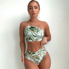 Brasilianischer zweiteiliger Bikini-Badeanzug mit abstrakter Metallic-Kette und Schnürung, One-Shoulder