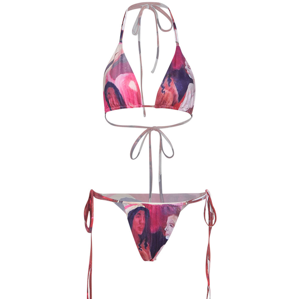 Traje de baño bikini brasileño de dos piezas con diseño de triángulo y lazo con pintura abstracta