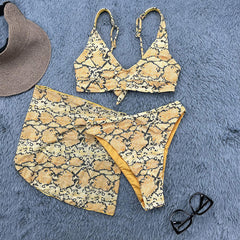 Traje de baño de bikini brasileño de tres piezas con bralette de cintura alta y corte alto con estampado animal