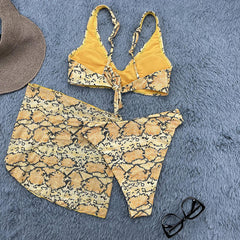 Brasilianischer dreiteiliger Bikini-Badeanzug mit Animal-Print und hohem Schnitt und hoher Taille