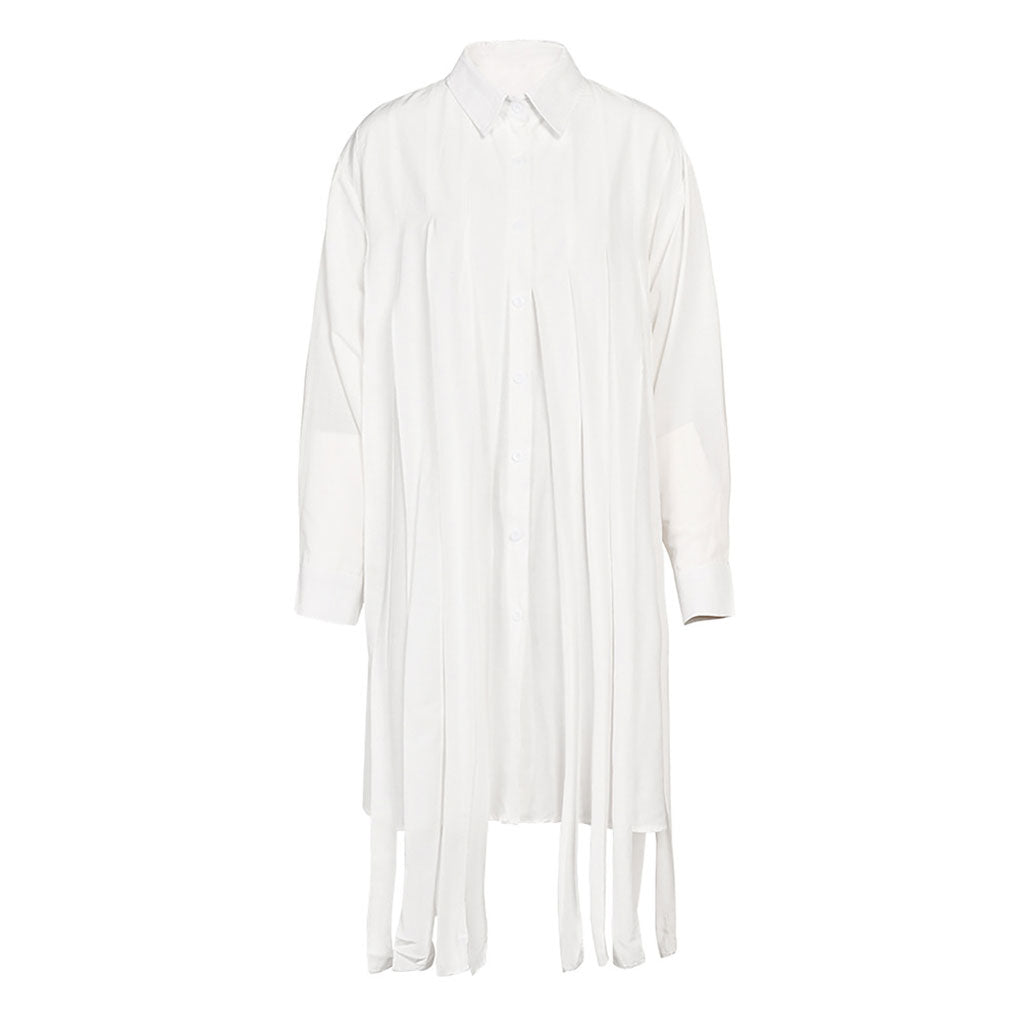 Artistic Pointed Collar Long Sleeve Pleated Fringe Deconstructed Midi Shirt Dress