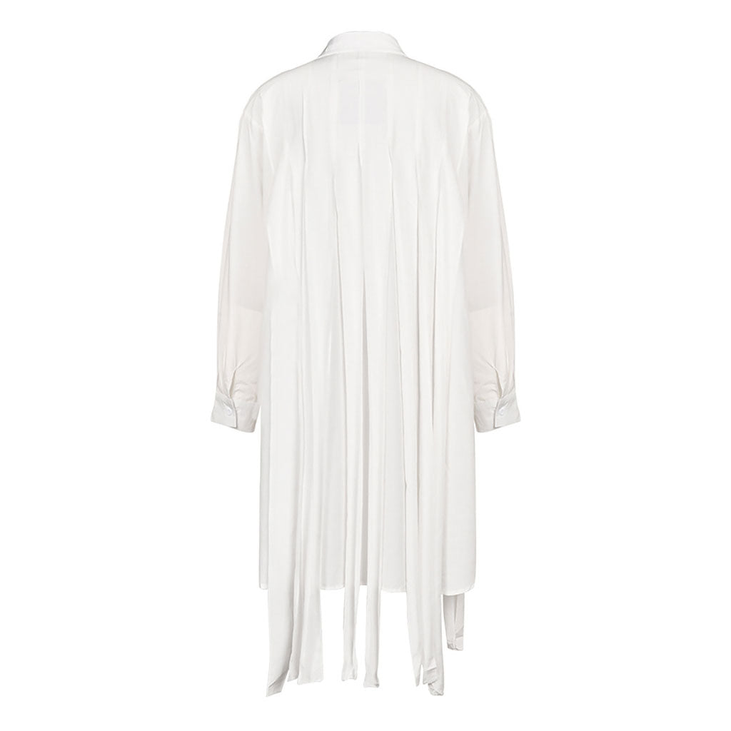 Artistic Pointed Collar Long Sleeve Pleated Fringe Deconstructed Midi Shirt Dress