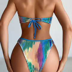 Artsy Tie Dye Shirred High Leg Bandeau Brazilian Two Piece Bikini Swimsuit