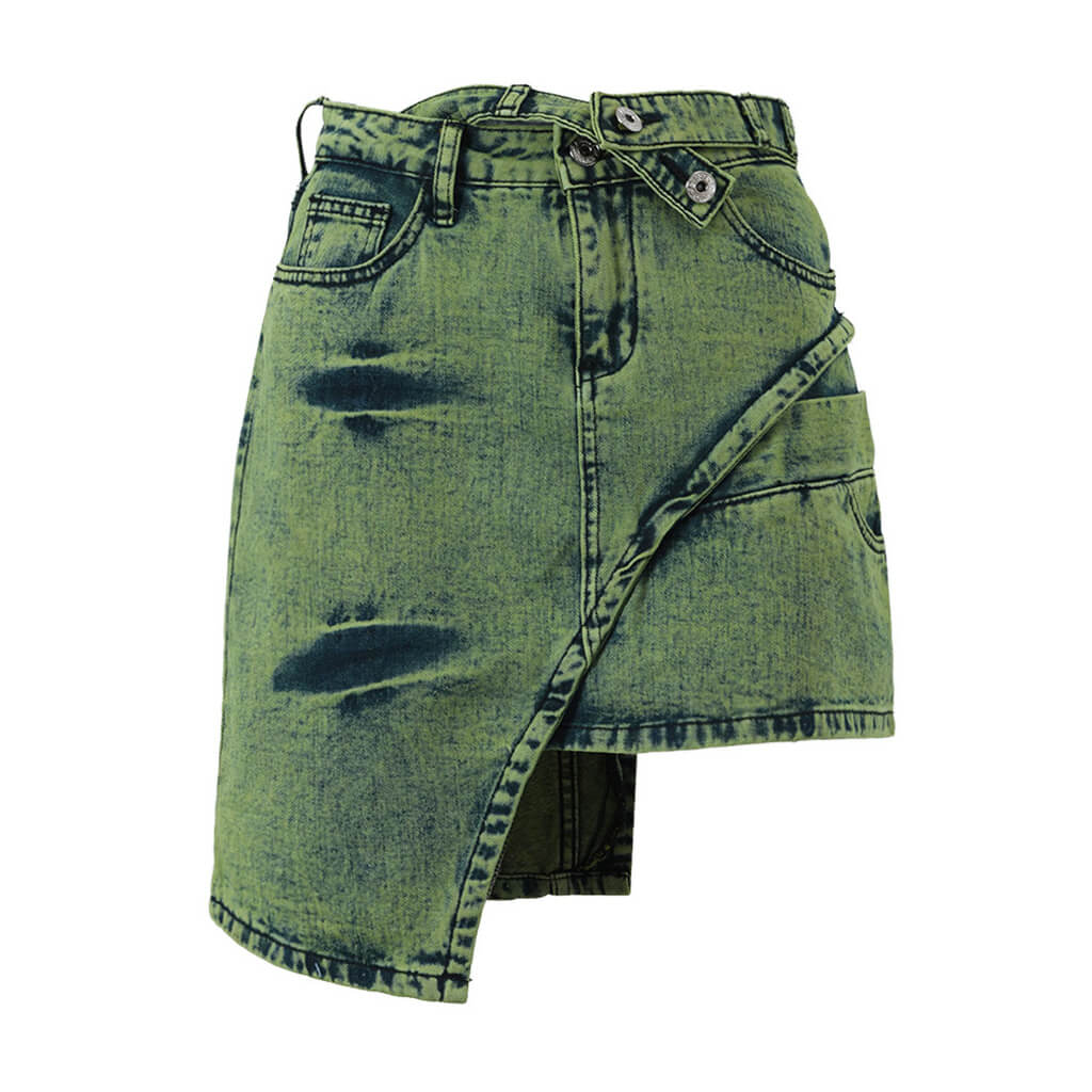 Asymmetrischer Mini-Jeansrock mit hoher Taille und Acid-Wash-Gürtel