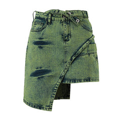 Asymmetrischer Mini-Jeansrock mit hoher Taille und Acid-Wash-Gürtel