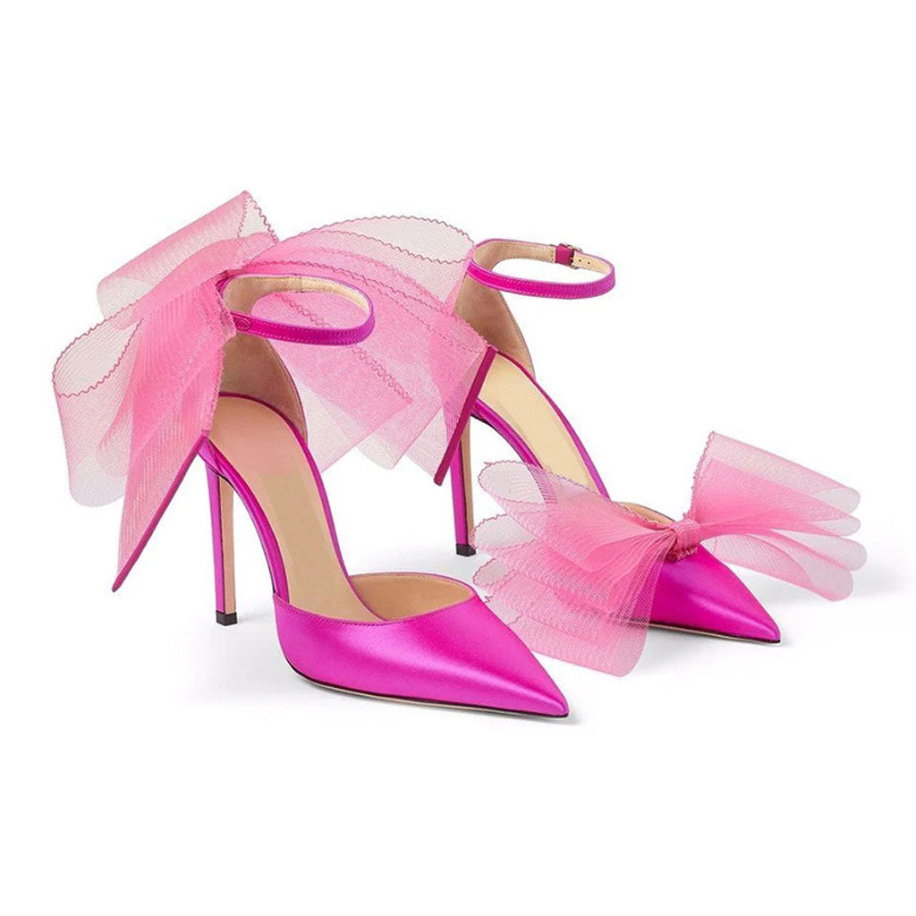 Asymmetrische Stiletto-Pumps mit spitzer Zehenpartie und Knöchelriemen und Schleifendetail - Fuchsia