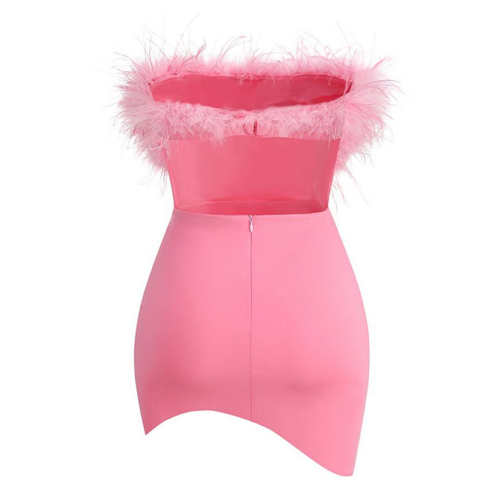 Asymmetric Feather Trim Strapless Backless Cutout Bodycon Mini Party Dress