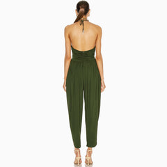 Asymmetric Halter V Neck Ruched Backless Jumpsuit - Green