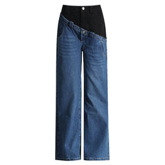 Asymmetric Hybrid Color Block Double Waist Whisker Detail Straight Leg Jeans