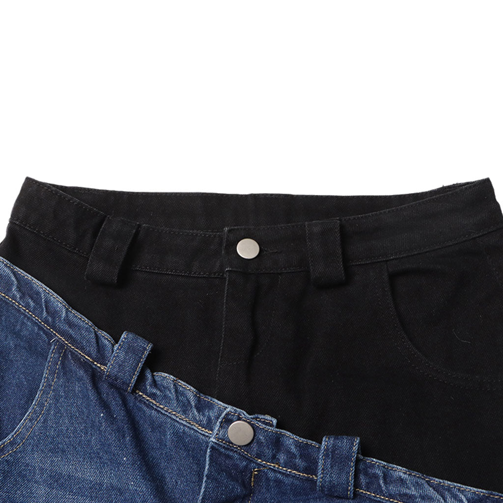 Asymmetric Hybrid Color Block Double Waist Whisker Detail Straight Leg Jeans