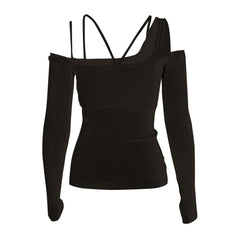 Asymmetrisches, schulterfreies, langärmliges Crop-Top aus Rippstrick mit Cut-out