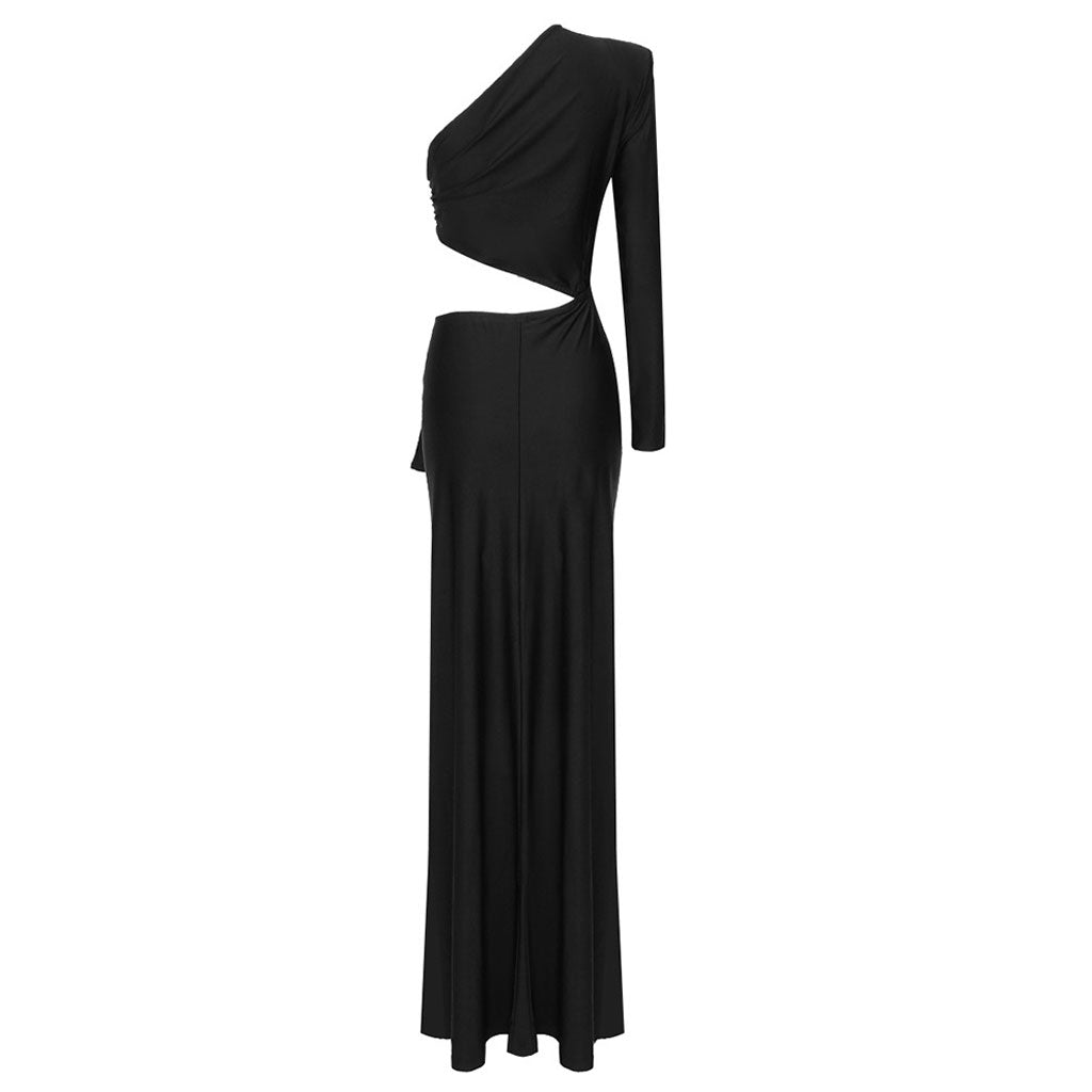 Asymmetrisches Maxikleid mit One-Shoulder-Ausschnitt, drapierter Schleife, gerüschtem hohem Schlitz - Schwarz