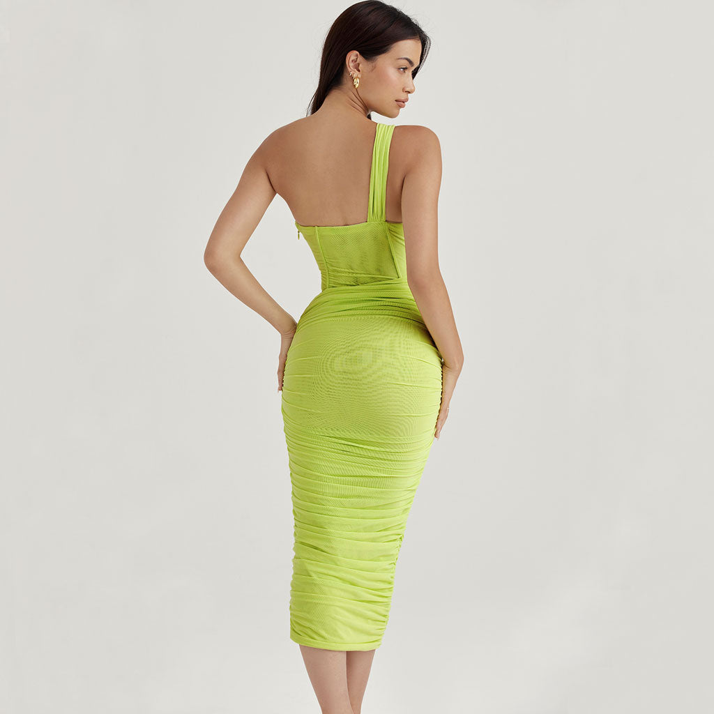 Asymmetrisches One-Shoulder-Cutout-Midikleid aus gerüschtem Korsett-Netzstoff - Limette