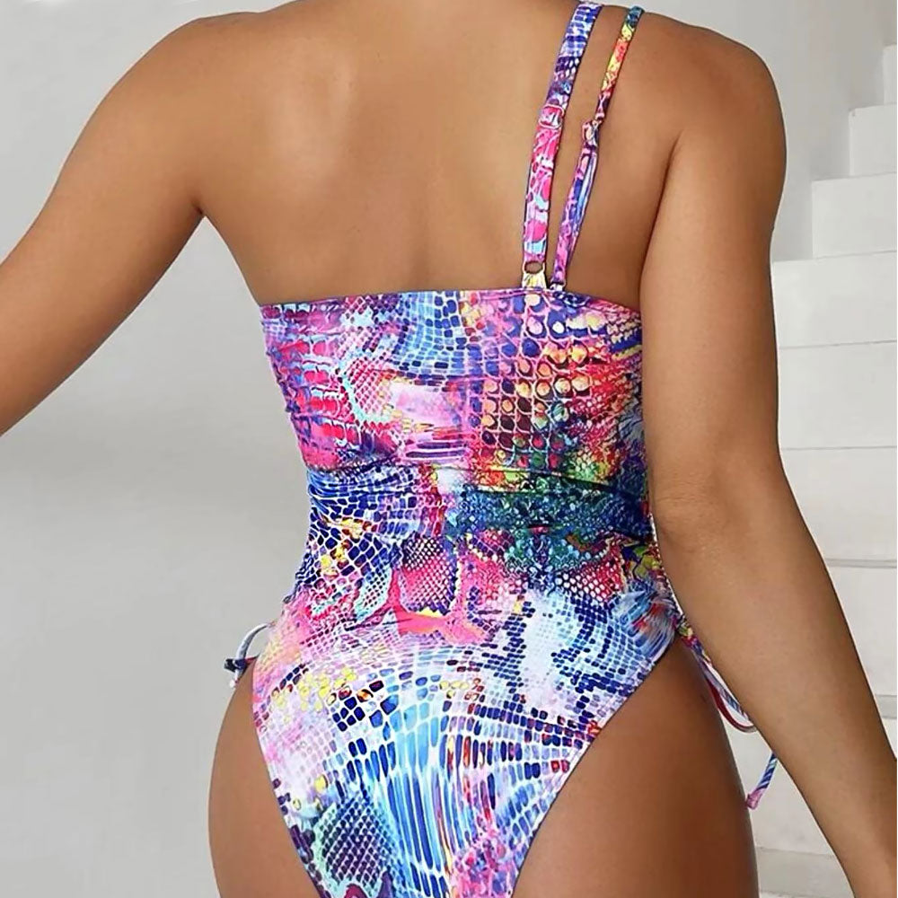 Asymmetric One Shoulder Drawstring Cutout Brazilian One Piece Swimsuit