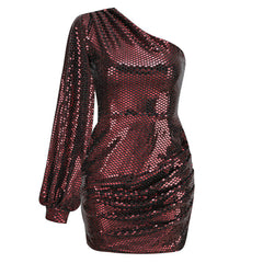 Asymmetric One Shoulder Puff Sleeve Ruched Sequin Mini Dress - Burgundy