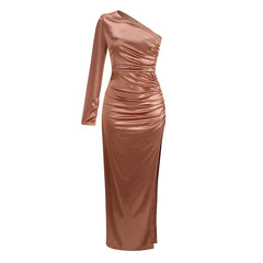 Asymmetric One Shoulder Ruched Side Split Maxi Evening Dress