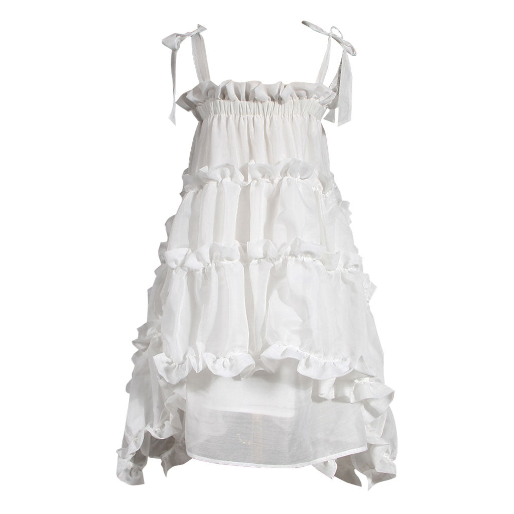 Asymmetric Ruffle Tiered Shoulder Tie Chiffon Midi Babydoll Dress