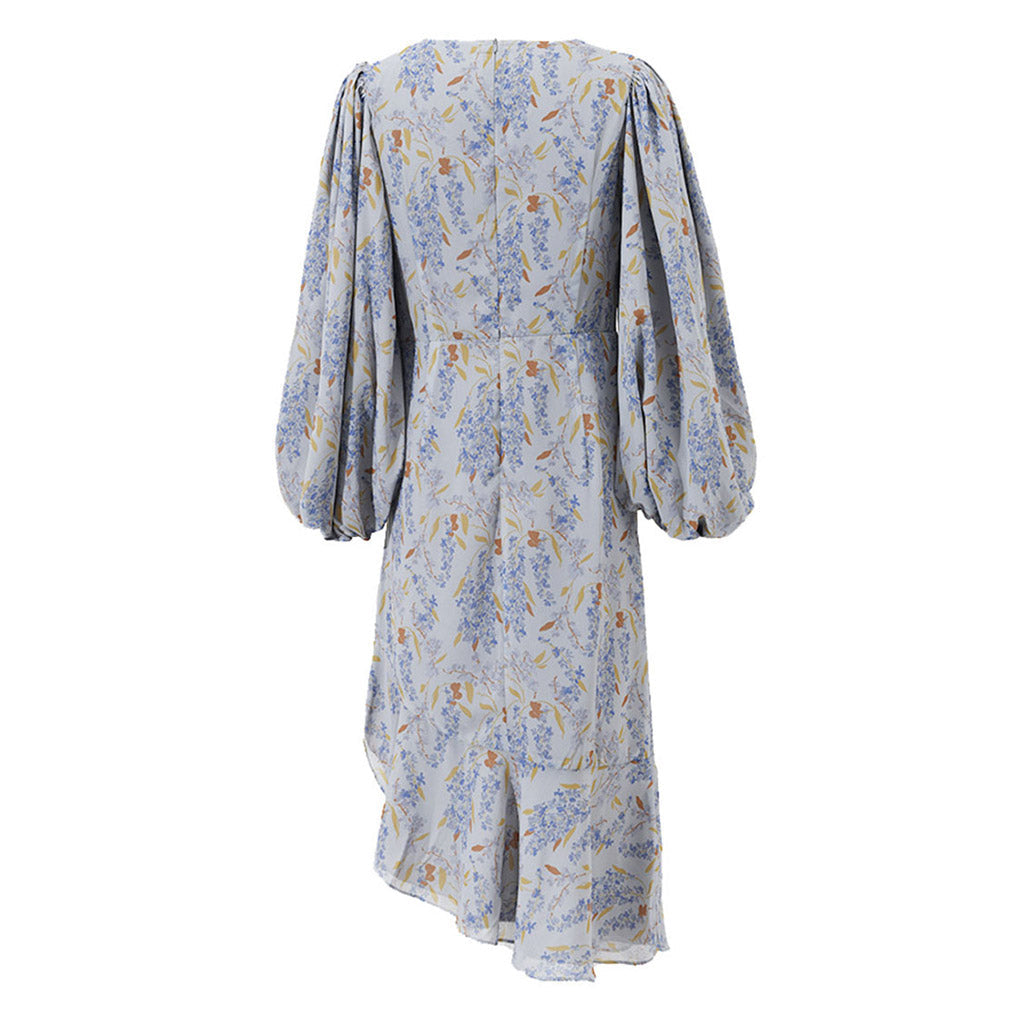 Asymmetric Ruffle Trim Puff Sleeve Drawstring Ruched Midi Floral Dress