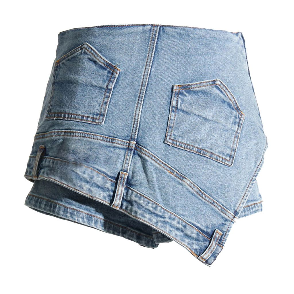 Asymmetrischer, umgedrehter, abgeschnittener Denim-Skort mit hoher Taille