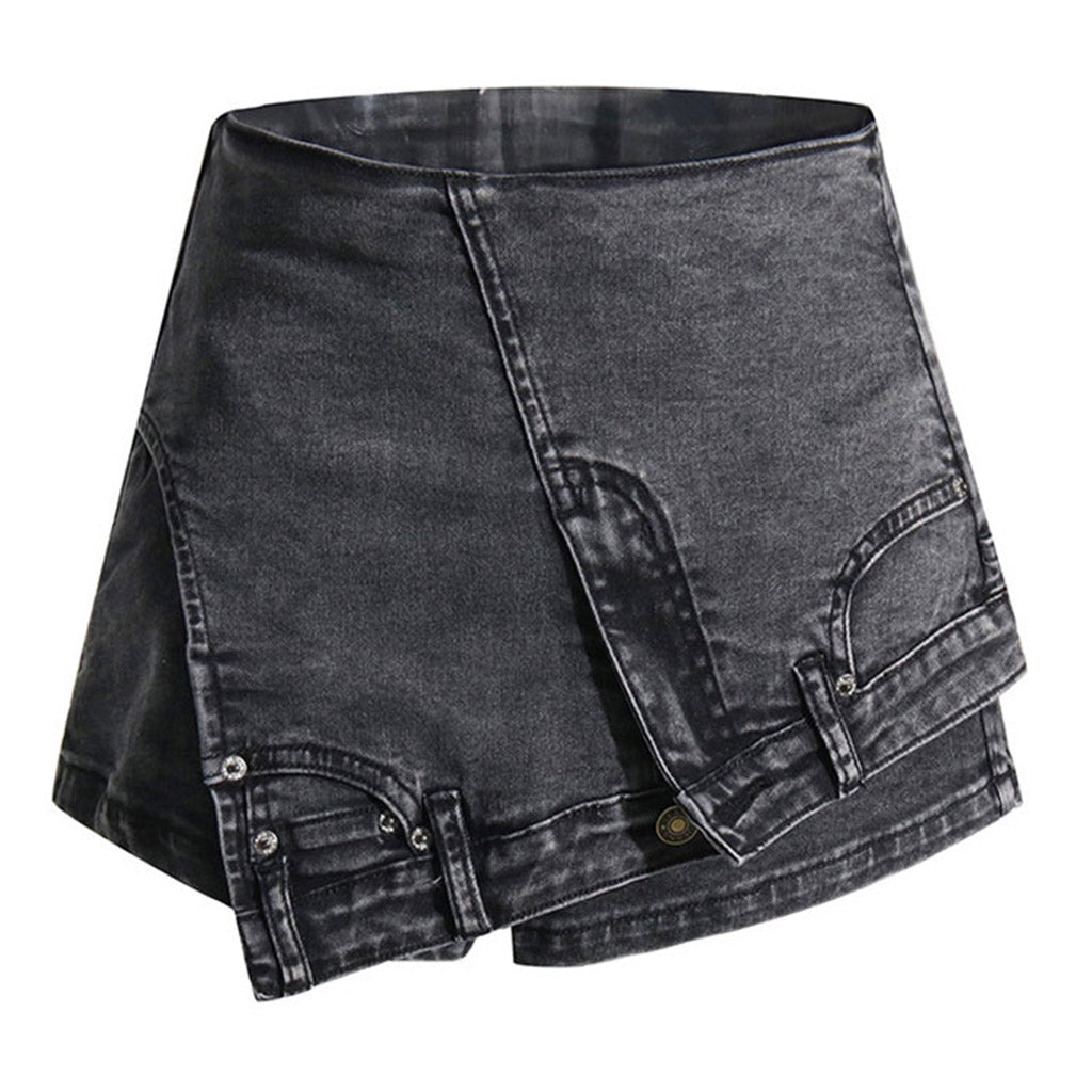 Asymmetrischer, umgedrehter, abgeschnittener Denim-Skort mit hoher Taille