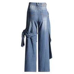 Asymmetrische Jeans mit hoher Taille und geradem Bein und Schleife