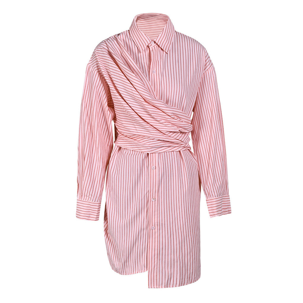 Asymmetrical Button Down Collared Wrap Effect Deconstructed Striped Mini Shirt Dress