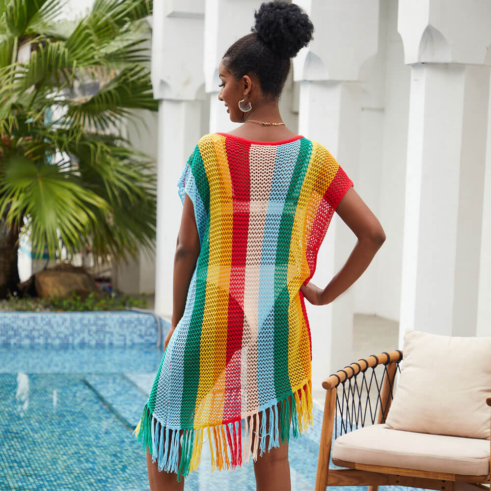 Asymmetrical Fringe Open Knit Crochet Rainbow Stripe Beach Cover Up