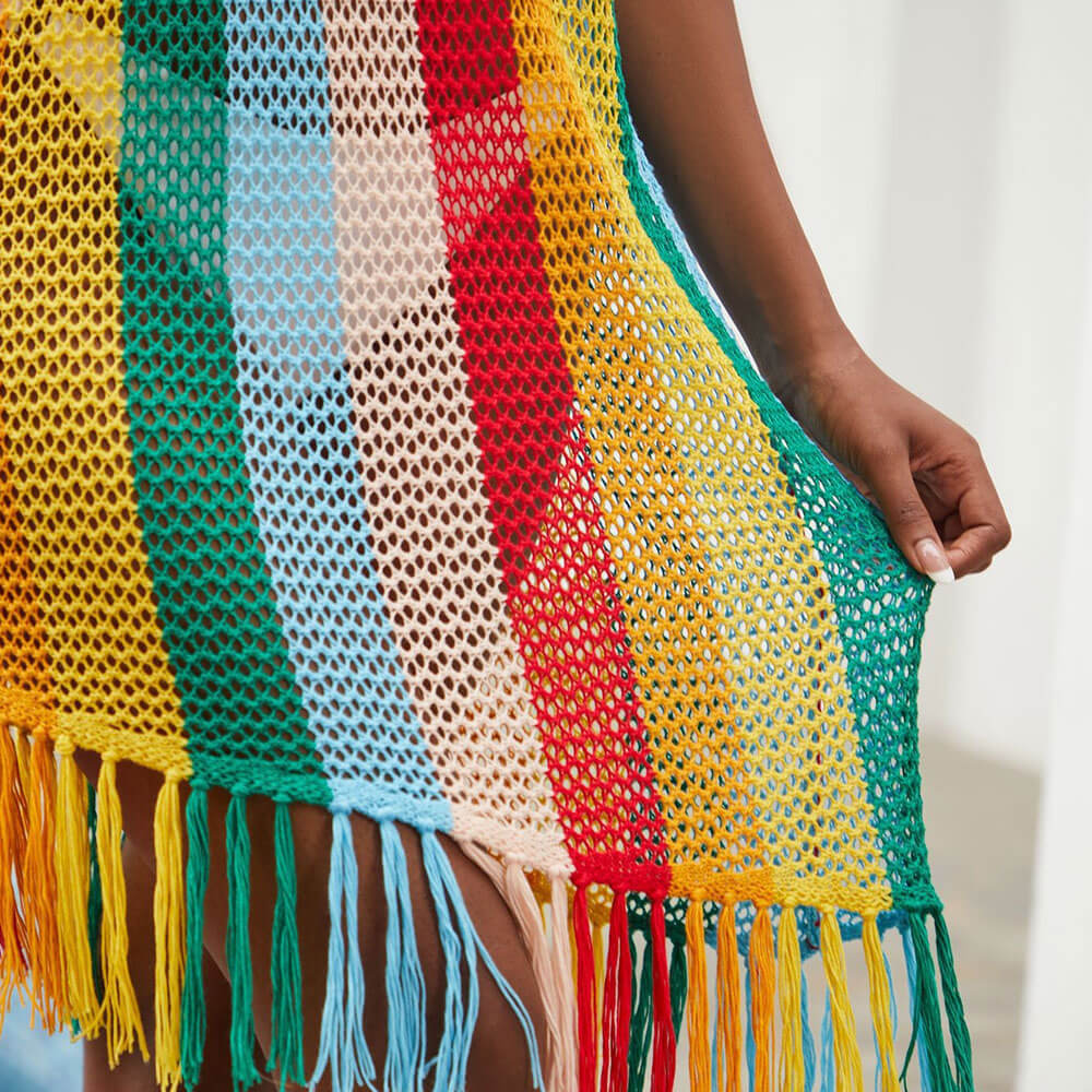 Asymmetrical Fringe Open Knit Crochet Rainbow Stripe Beach Cover Up