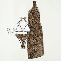 Asymmetrical Leopard Cover Up Thong Triangle Brazilian Three Piece Bikini Swimsuit