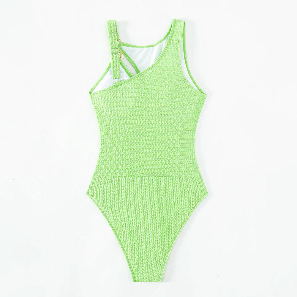 Asymmetrical O Ring Moderated Cutout Crinkled Brazilian One Piece Swimsuit