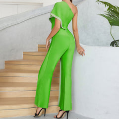 Asymmetrischer One-Shoulder-Bandage-Jumpsuit mit kontrastierendem geometrischem Besatz und weitem Bein