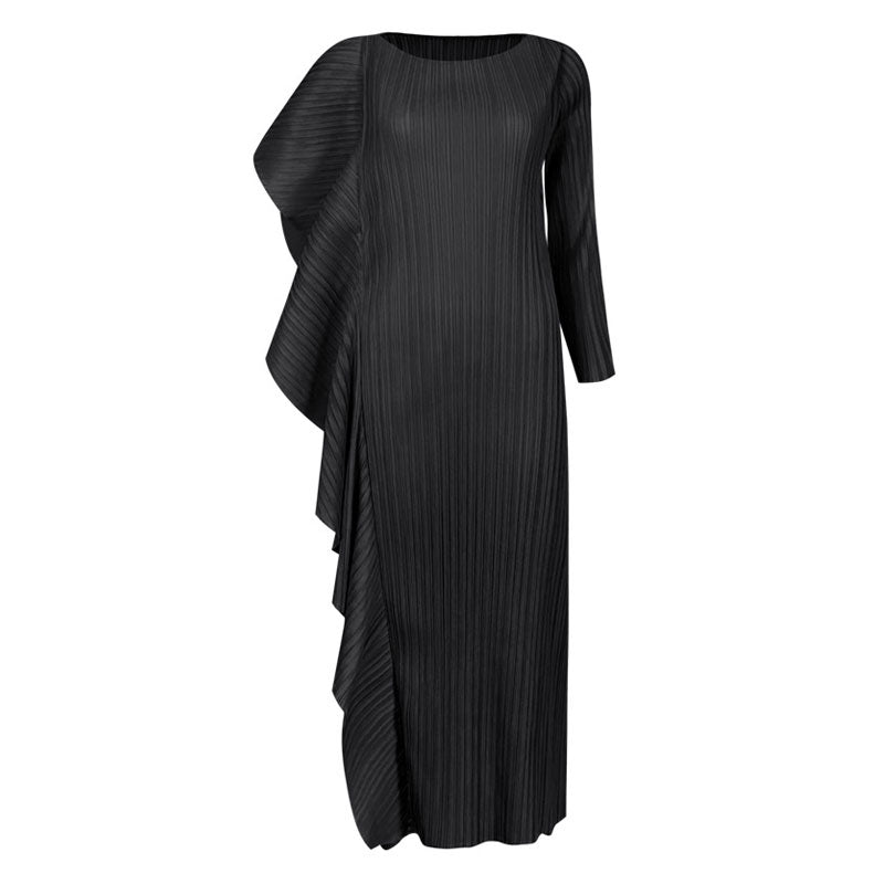 Asymmetrical Ruffled Side Round Neck 3/4 Sleeve Bodycon Pleated Midi Dress