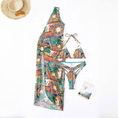 Asymmetrical Tropical Cover Up Thong Triangle Brazilian Three Piece Bikini Swimsuit