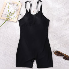 Athletic Boyshort Zipper Front Spaghetti Strap Brazilian One Piece Swimsuit