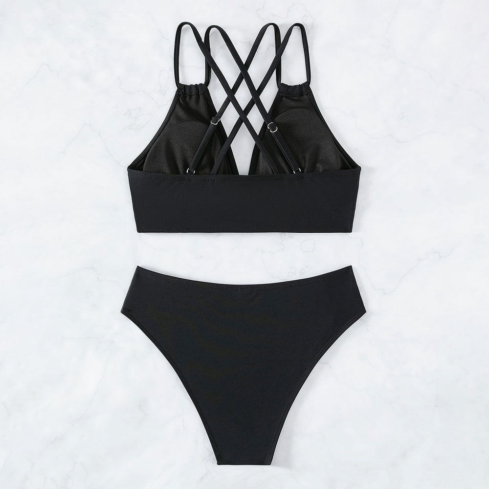 Athletic Cutout Cheeky Cross Back Triangle Brazilian Two Piece Bikini Swimsuit