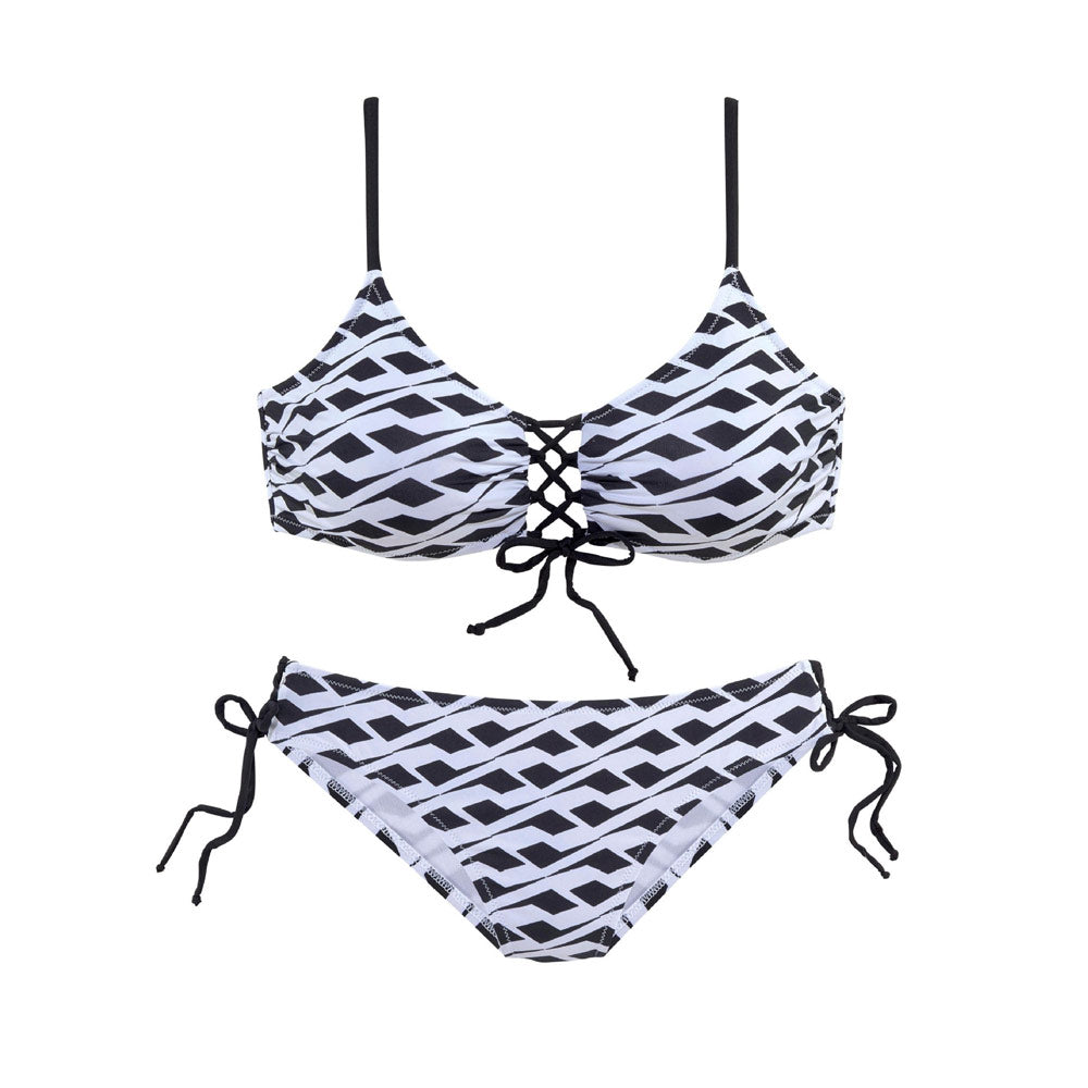 Sportlicher geometrischer Bralette-Zweiteiler-Bikini-Badeanzug mit Schnürung