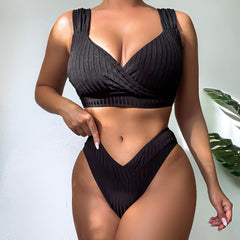 Athletic High Cut Wrap Front Rib Bralette Brazilian Two Piece Bikini Swimsuit