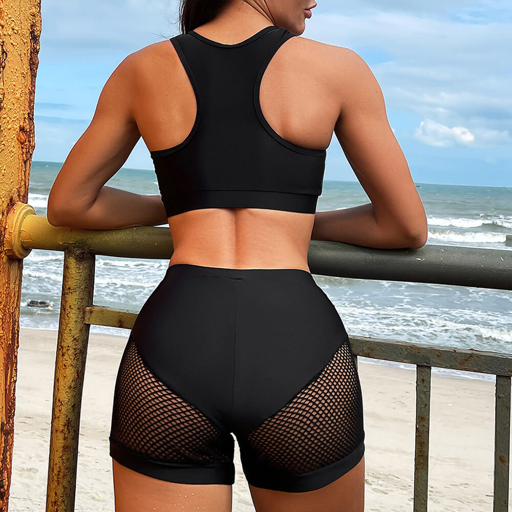 Sportlicher Boyshort-Bikini-Badeanzug mit hoher Taille und Fischnetz-Design, kurz, brasilianischer Zweiteiler