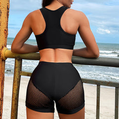 Athletic High Waist Boyshort Fishnet Crop Brazilian Two Piece Bikini Swimsuit