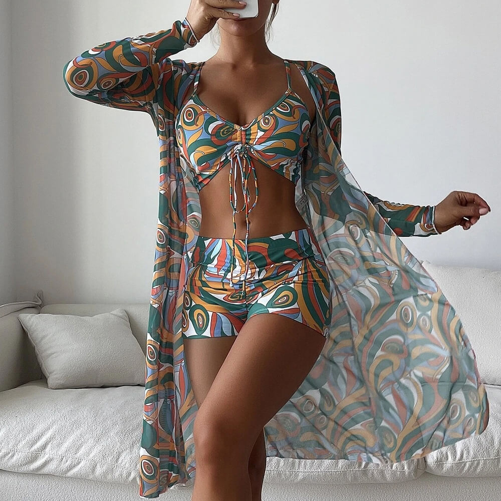 Athletic Printed Boy Short Bralette Brazilian Three Piece Bikini Swimsuit