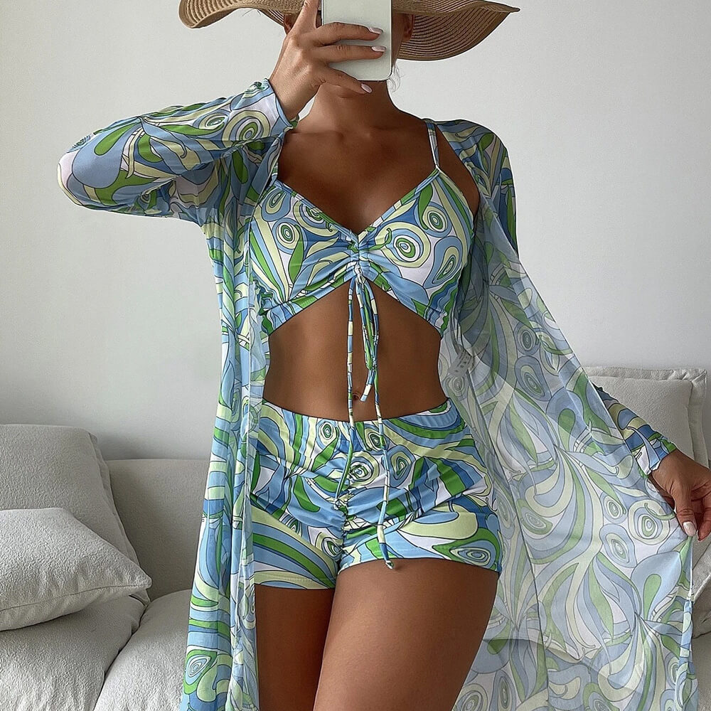 Athletic Printed Boy Short Bralette Brazilian Three Piece Bikini Swimsuit