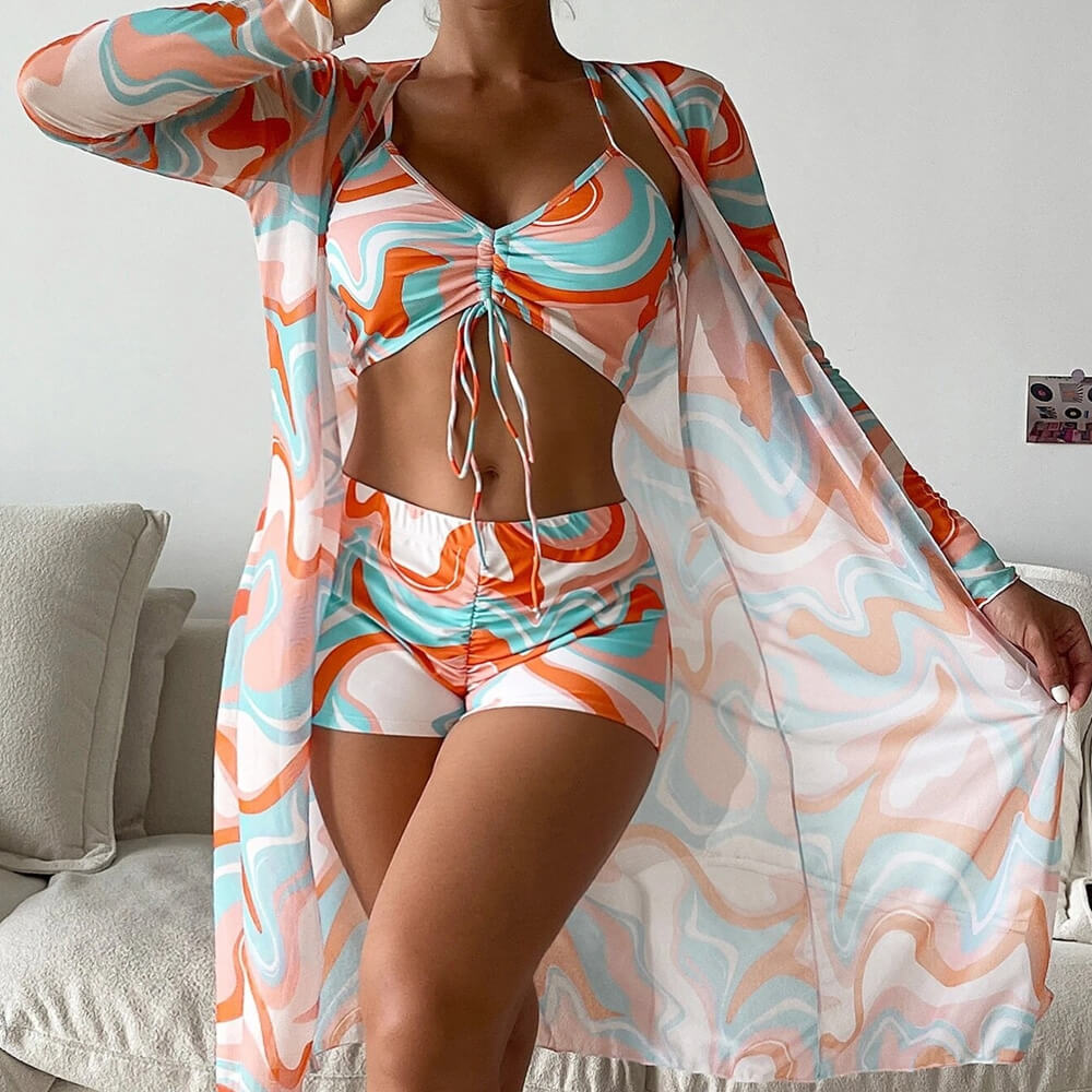 Athletic Printed Boy Short Bralette Brazilian Three Piece Bikini Swimsuit