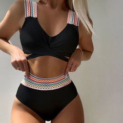 Athletic Rainbow High Waist Rib Knit Twist Front Brazilian Two Piece Bikini Swimsuit