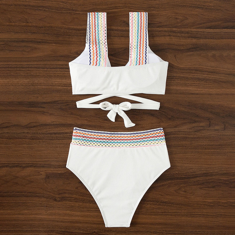 Athletic Rainbow High Waist Rib Knit Twist Front Brazilian Two Piece Bikini Swimsuit