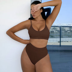 Brasilianischer zweiteiliger Bikini-Badeanzug mit gerippter hoher Taille und Bralette