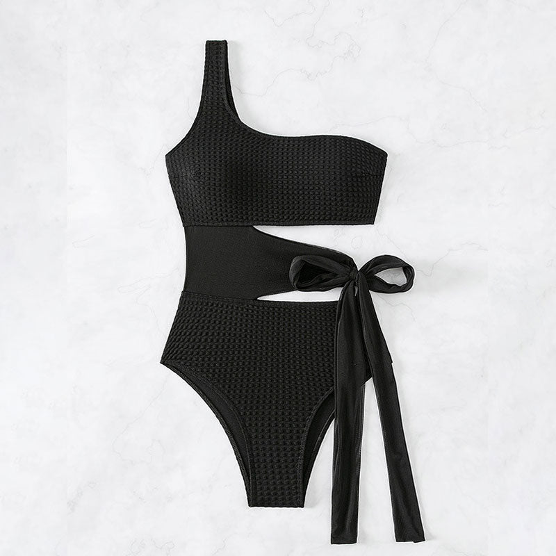 Athletic Textured Cutout Bow Tie Side One Shoulder Brazilian One Piece Swimsuit